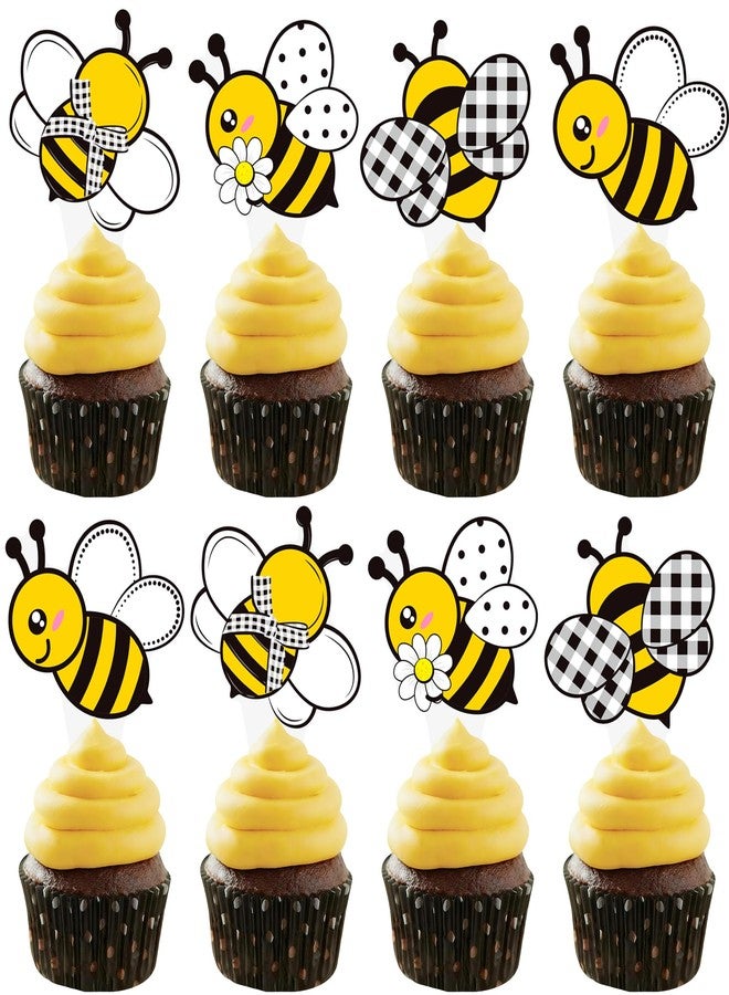 اوموني زينة كب كيك النحل لحفلات أعياد الميلاد على شكل نحلة، 48 قطعة من زينة كب كيك النحل، أوه بيبي، زينة الكيك لموضوع النحل، لوازم حفلات استقبال المولود، الكشف عن جنس المولود - Image 1