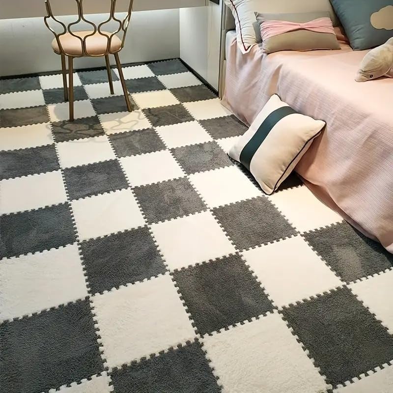 CLICKSY Puzzle Matinterlocking Carpet Shaggy Soft Foam Play Mat Velvet Fluffy Area Rugs, Square Plush Puzzle Floor Tiles Climbing Mats for Rooms Home Parlor Bedroom - Grey&White (10-PCS) - Image 1