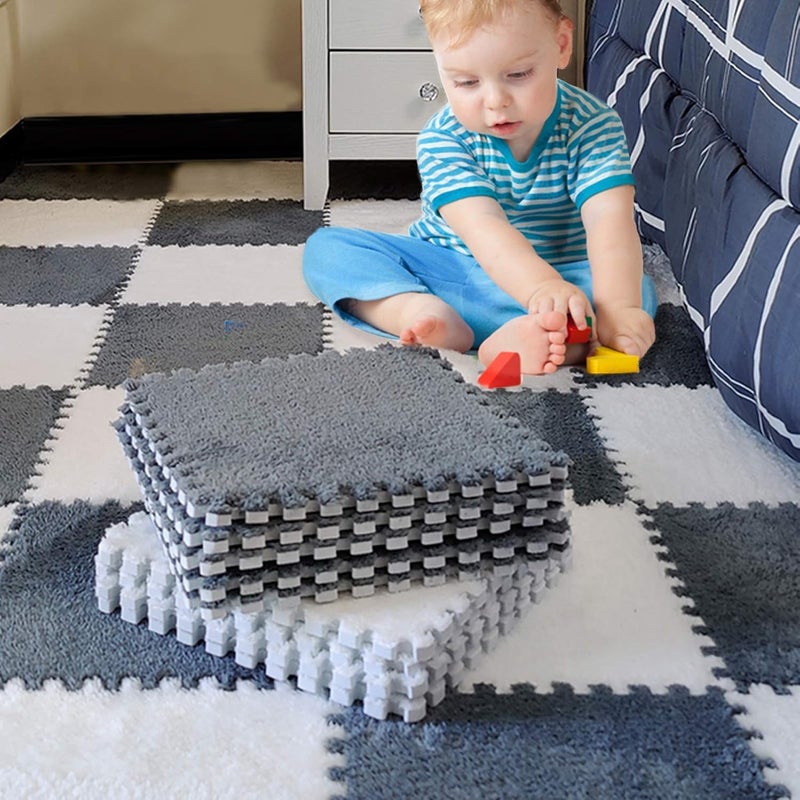 CLICKSY Puzzle Matinterlocking Carpet Shaggy Soft Foam Play Mat Velvet Fluffy Area Rugs, Square Plush Puzzle Floor Tiles Climbing Mats for Rooms Home Parlor Bedroom - Grey&White (10-PCS) - Image 2