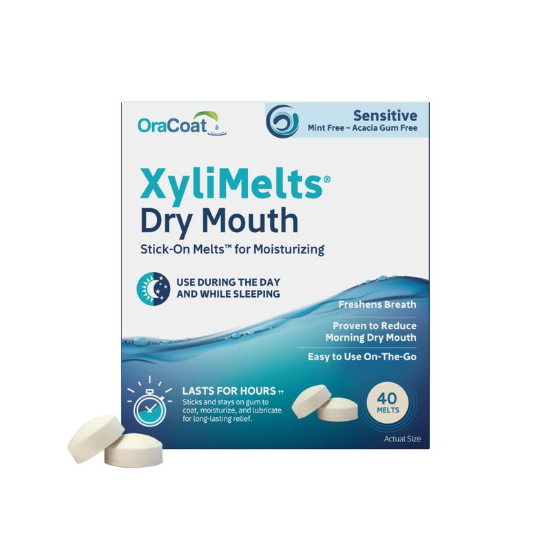 OraCoat XyliMelts Dry Mouth Relief Stick-On-Melts for Sensitive Mouths, Mint-Free and Acacia Gum-Free with Xylitol, 40 Count, Non-Acidic, Day & Night User, Long Lasting 8-Hour Moisturizing Relief - Image 1