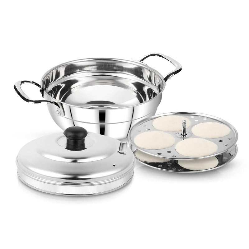 AadiVeer Stainless Steel Premium Idli Maker | Idli Cooker | Idli Pot | idli Kadai,With Sturdy Bakelite Handles And Knob, 2 Plates, 8 Idlies - Image 1