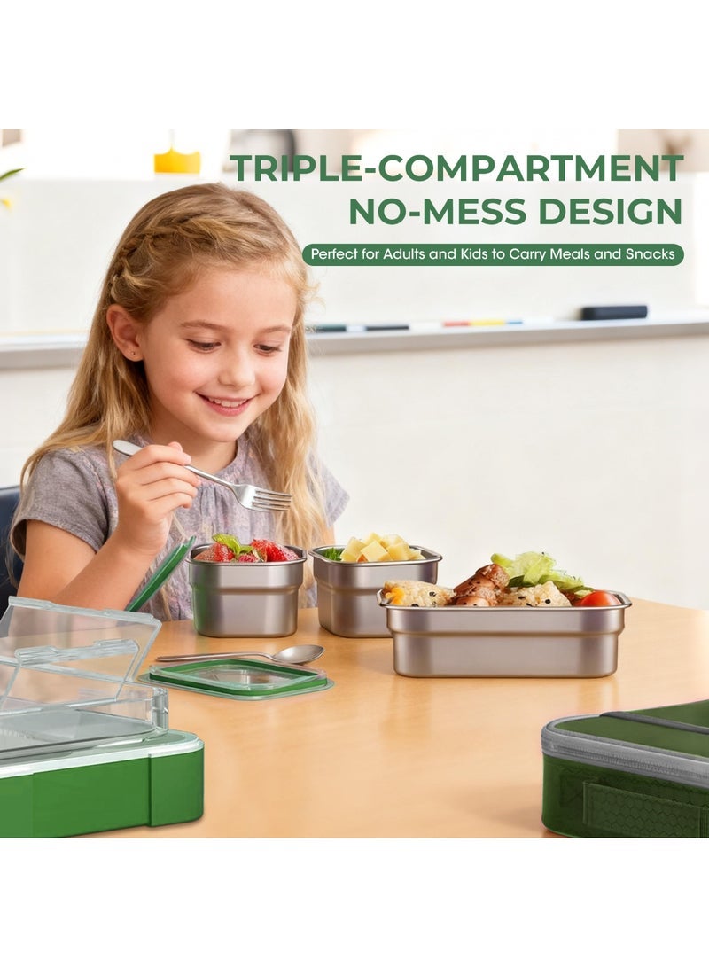 Adando 304 Stainless Steel Lunch Box: 720ML 3-Compartment Thermal Bento Box-Microwave-Safe Bento Containers - 304 Stainless Steel Insulated Leak-proof Item for Primary School Students or Children - with Thermal Bag & Cutlery (Green) - Image 2