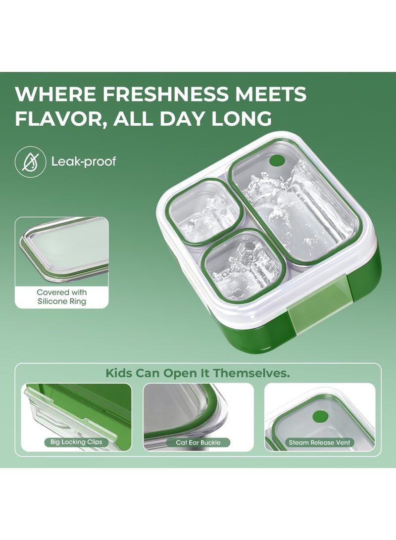 Adando 304 Stainless Steel Lunch Box: 720ML 3-Compartment Thermal Bento Box-Microwave-Safe Bento Containers - 304 Stainless Steel Insulated Leak-proof Item for Primary School Students or Children - with Thermal Bag & Cutlery (Green) - Image 4