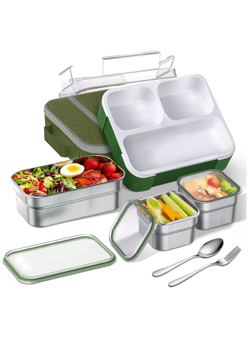 Adando 304 Stainless Steel Lunch Box: 720ML 3-Compartment Thermal Bento Box-Microwave-Safe Bento Containers - 304 Stainless Steel Insulated Leak-proof Item for Primary School Students or Children - with Thermal Bag & Cutlery (Green) - Image 1