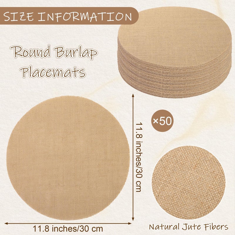 Kochorie 50 Pieces Burlap Placemats 11.8 Inch Round Reusable Brown Table Mats Natural Jute Fibers Placemats Bulk Circle Rustic Table Decorations for Dining Wedding Holiday Farmhouse Supplies - Image 2