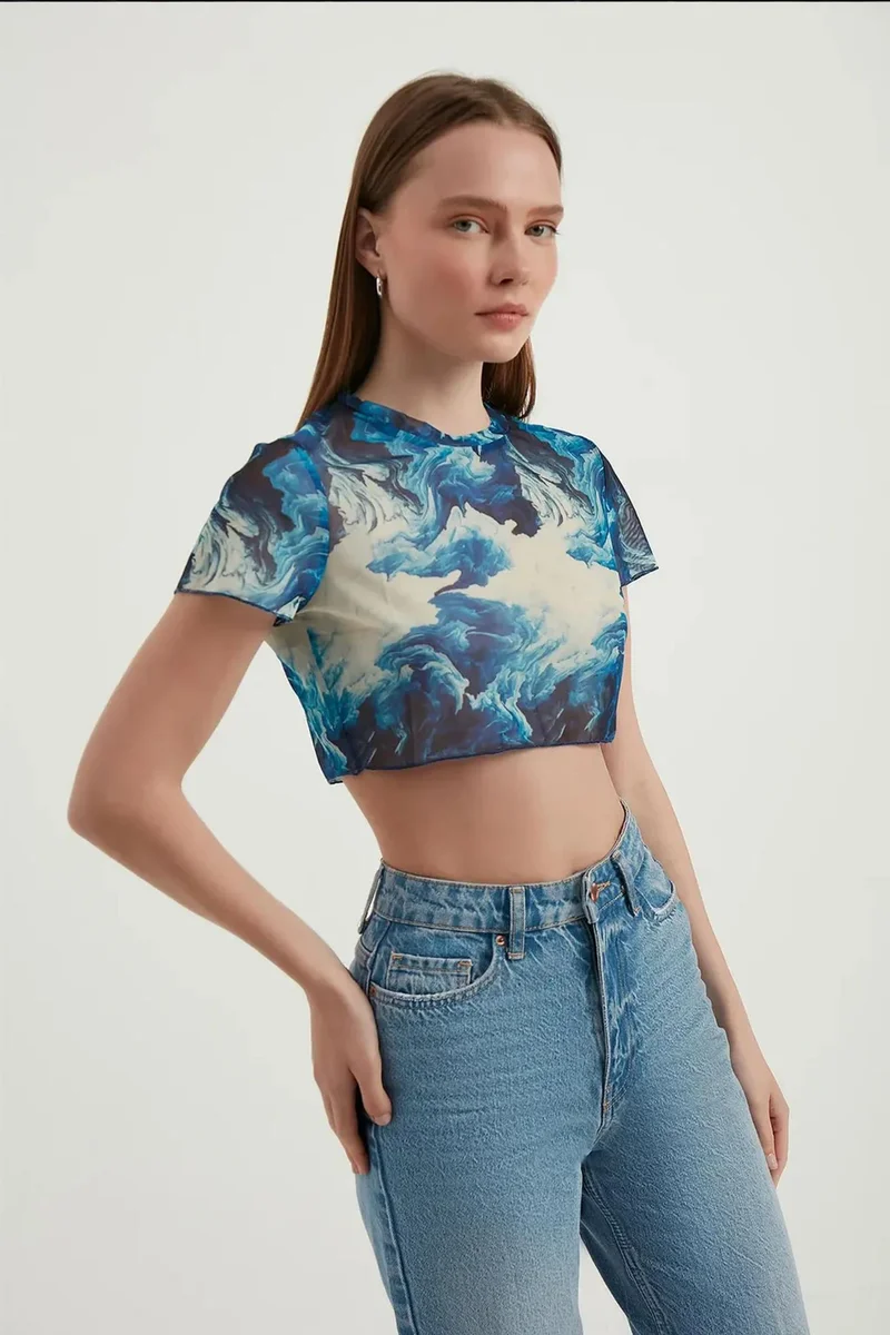 Hiccup Maya Blue Abstract Tulle Crop Top for Women | Best Price UAE