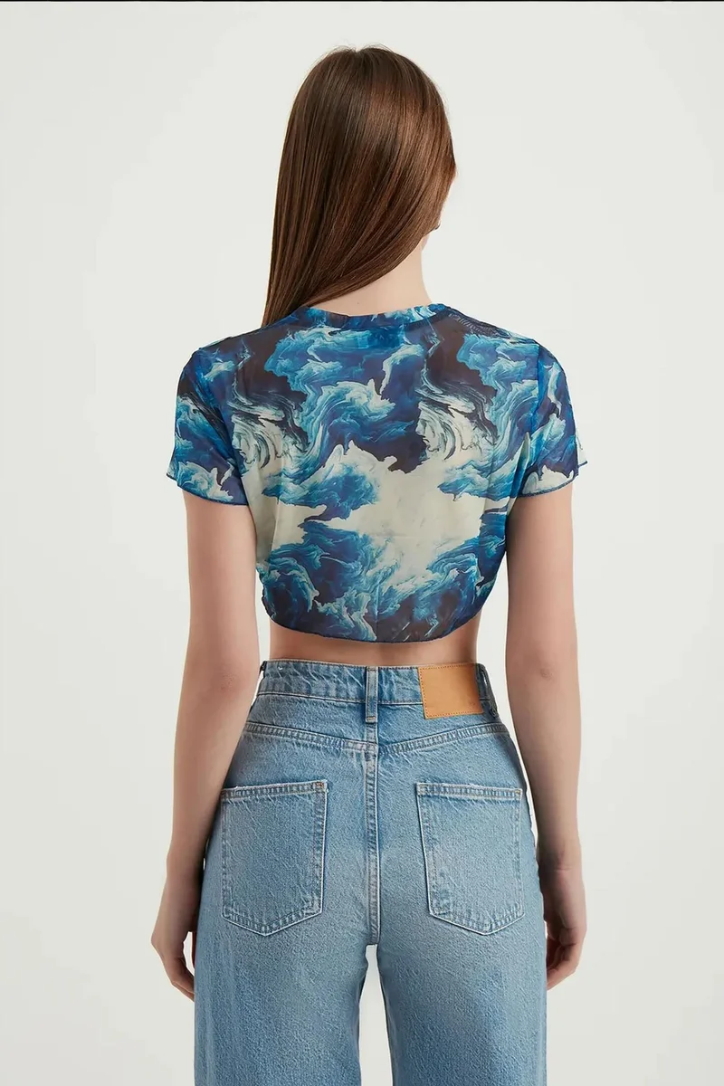 Hiccup Maya Blue Abstract Tulle Crop Top for Women | Best Price UAE