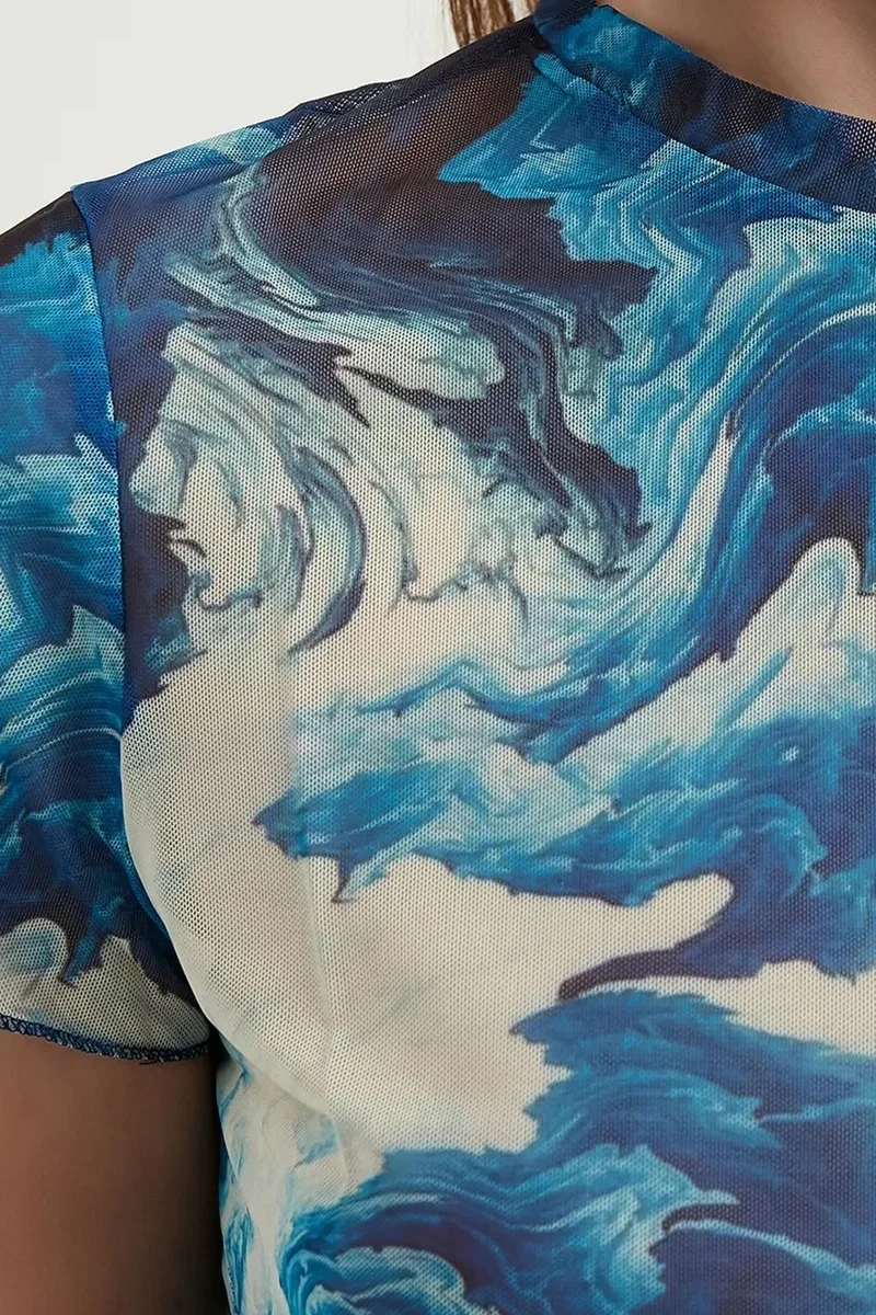 Hiccup Maya Blue Abstract Tulle Crop Top for Women | Best Price UAE