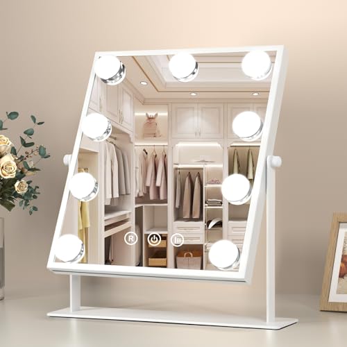 FUNTOUCH Makeup Mirror with Lights Hollywood Vanity Mirror with 3 Colors Lighting Modes Touch Control 360Ratation Dimmable 9 LED Bulbs Lighted Makeup Mirror for Dressing Room  Bedroom White