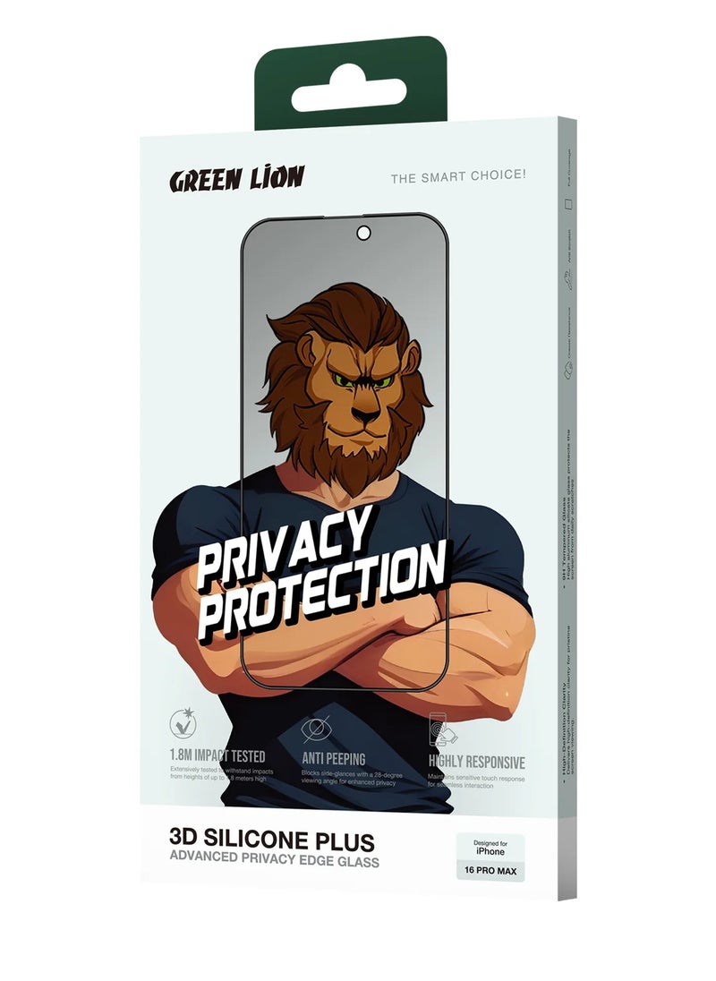 GREEN LION - iPhone 16 Pro Max Privacy Screen Protector / 3D Silicone Plus / Anti-Fingerprint / Grease Resistance / Anti-Scratch / High-Definition Edge Glass - Black - Image 1