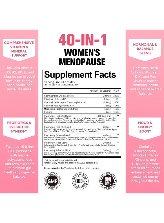 توتاريا مكملات غذائية 40 في 1 للنساء في سن اليأس، متعددة الفوائد وكاملة من الكوهوش الأسود للهبات الساخنة والتعرق الليلي وتوازن الهرمونات، مع البروبيوتيك و DIM و Vitex و Dong Quai والبرسيم الأحمر والمزيد، 120 كبسولة نباتية - Image 5