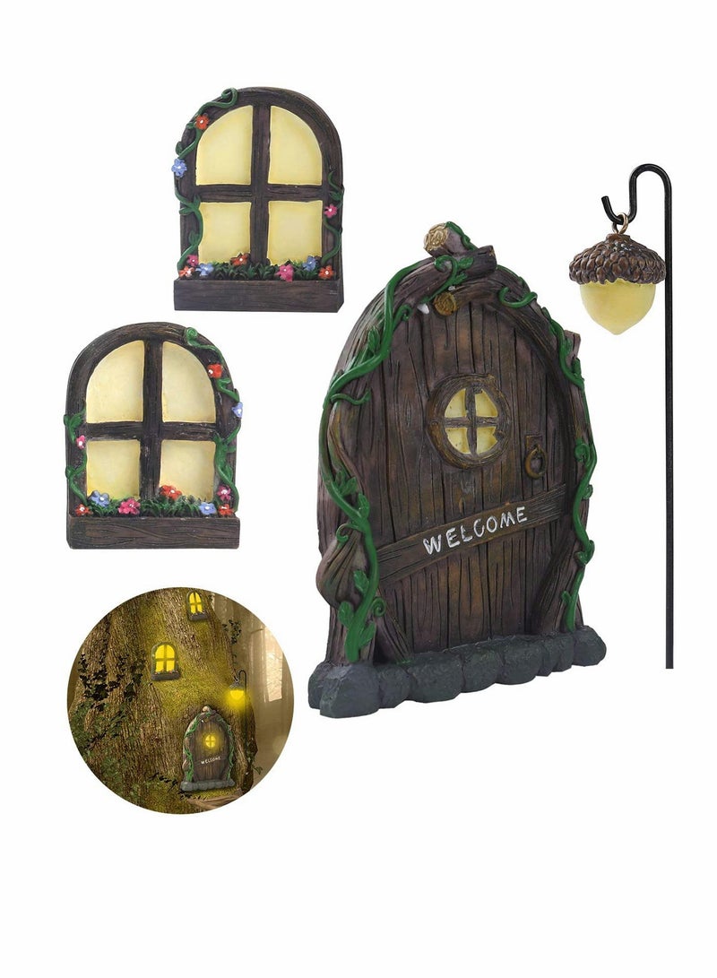 Miniature Fairy Door with 2 Windows & 1 Light for Garden Tree Decorations - Creative Fairy Garden Accessories - Image 1
