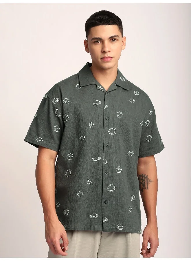 Beyoung Grey Galaxy Embroidered Half Sleeve Shirt