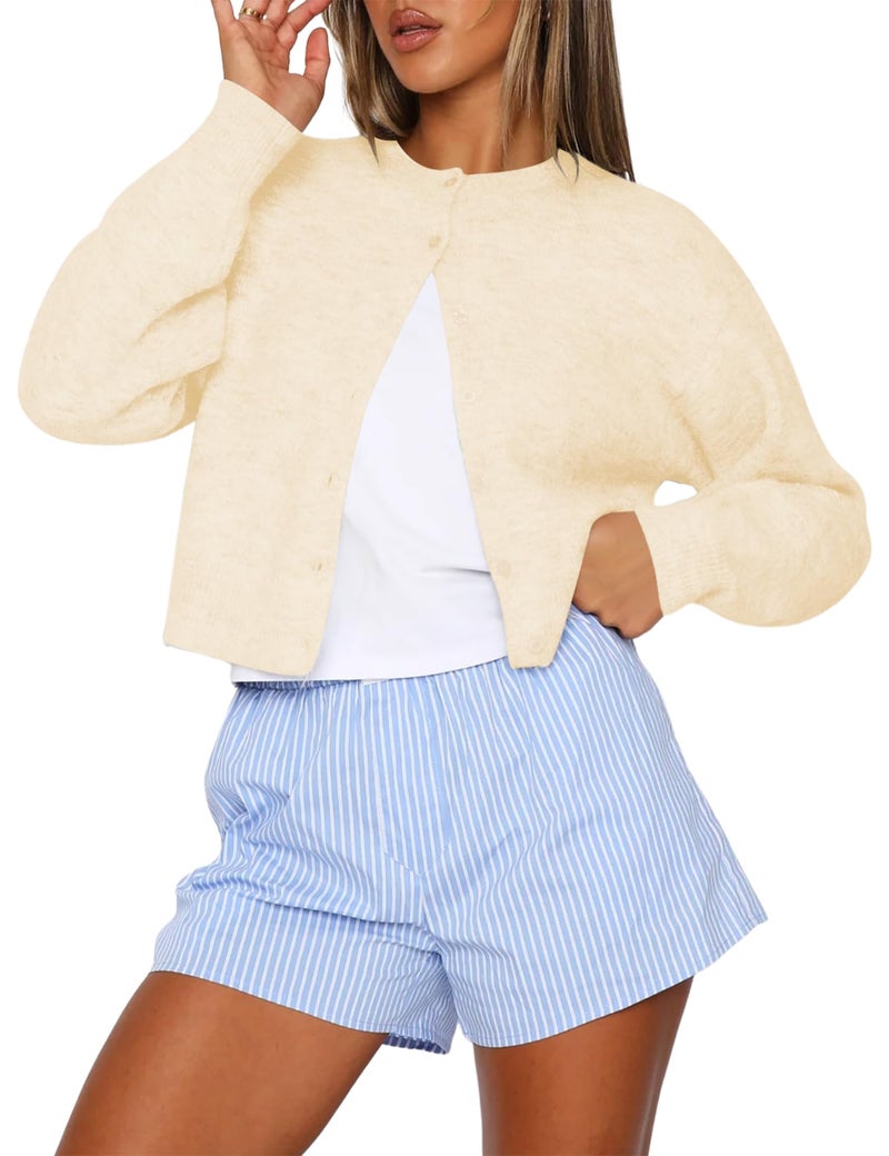 Kistore Women's Fall Cardigan Long Sleeve Crewneck Lightweight Button Down Knit Crewneck Cozy Crop Cardigans Sweater Yellow X-Small - Image 1