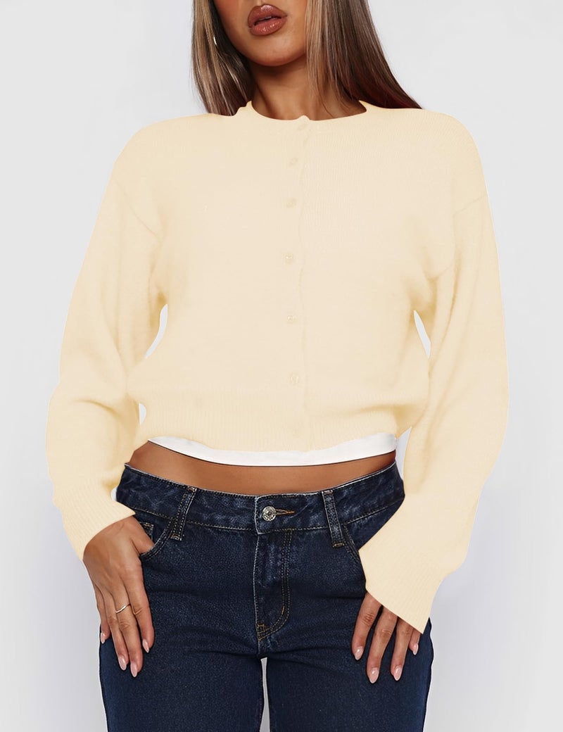 Kistore Women's Fall Cardigan Long Sleeve Crewneck Lightweight Button Down Knit Crewneck Cozy Crop Cardigans Sweater Yellow X-Small - Image 2