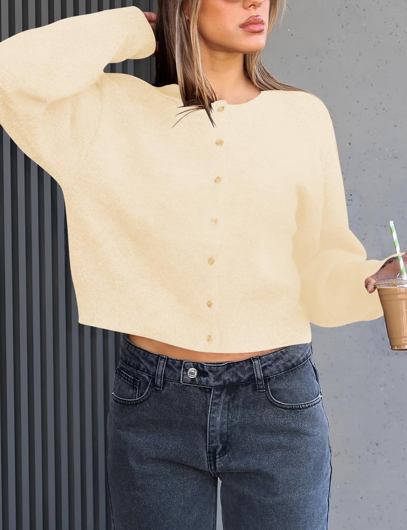 Kistore Women's Fall Cardigan Long Sleeve Crewneck Lightweight Button Down Knit Crewneck Cozy Crop Cardigans Sweater Yellow X-Small - Image 4
