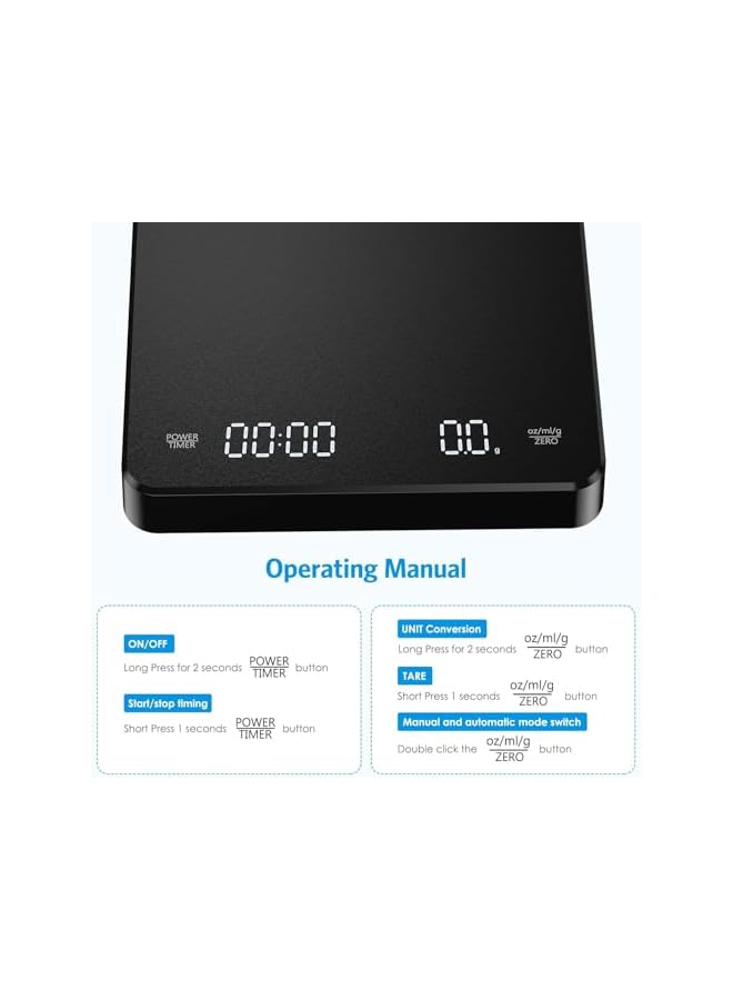 promass Digital Coffee Scale with Timer, Rechargeable Drip Espresso Scale 3kg/0.1g High Precision, Kitchen Scale with 3 Units, Tare, Auto Off, g/oz/ml, Black - Image 5