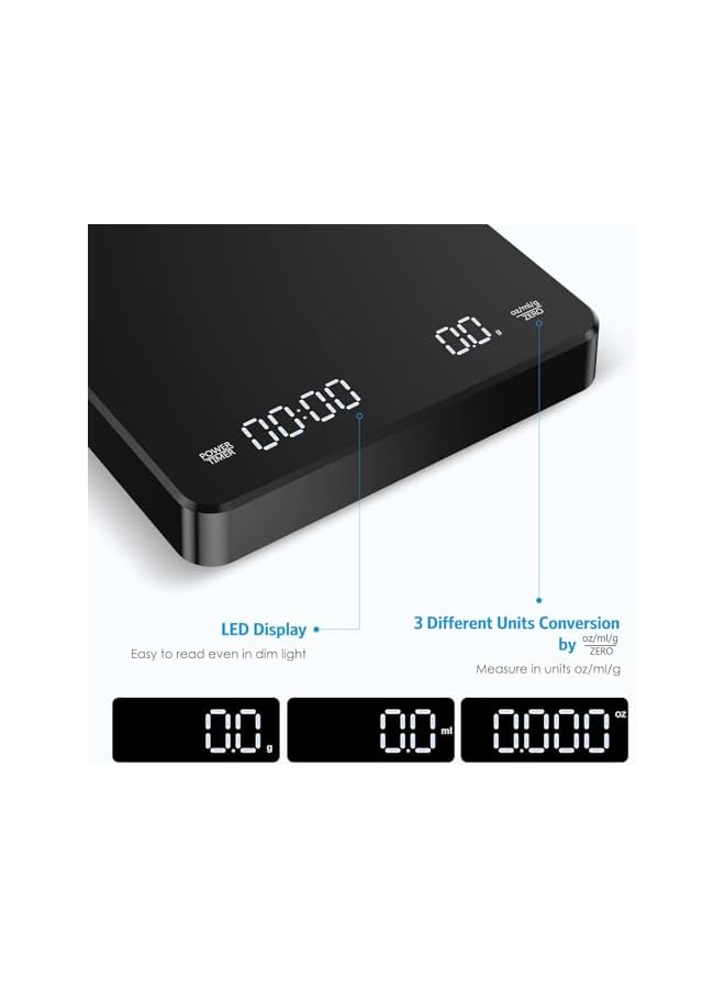 promass Digital Coffee Scale with Timer, Rechargeable Drip Espresso Scale 3kg/0.1g High Precision, Kitchen Scale with 3 Units, Tare, Auto Off, g/oz/ml, Black - Image 4