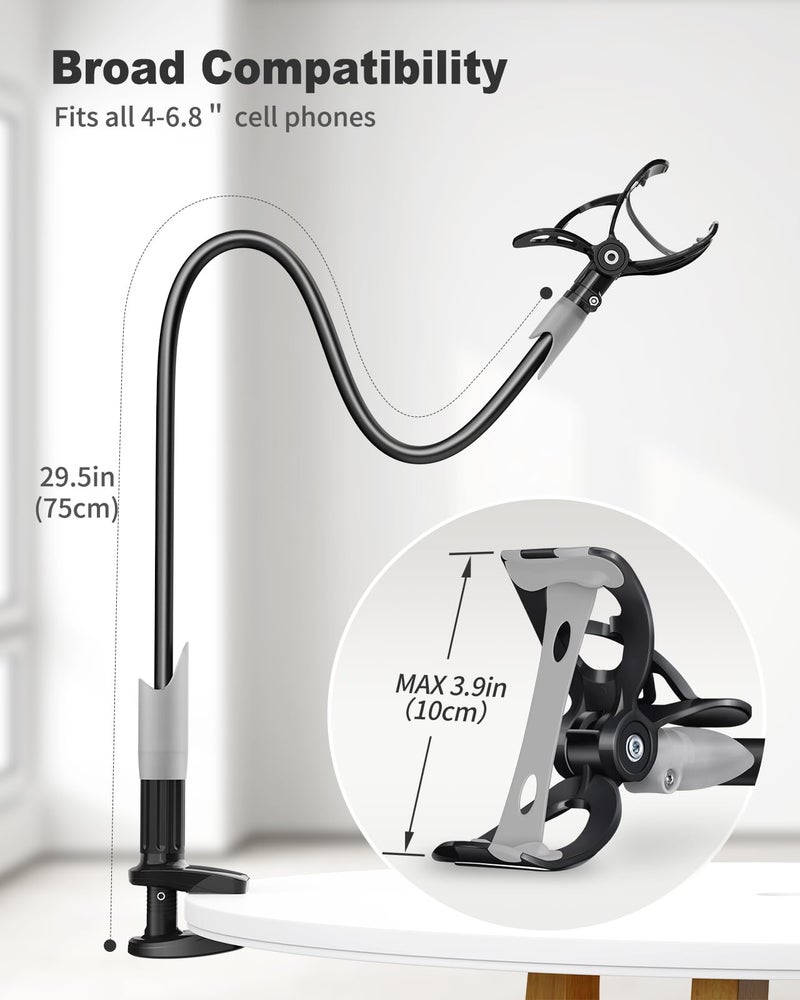 SAIJI Gooseneck Bed Phone Holder Flexible Long Arm Phone Mount for Desk Clip Bracket Clamp Stand iPhone Stand Mobile Cell Phone Stand Document Camera Nintendo Switch Black - Image 4