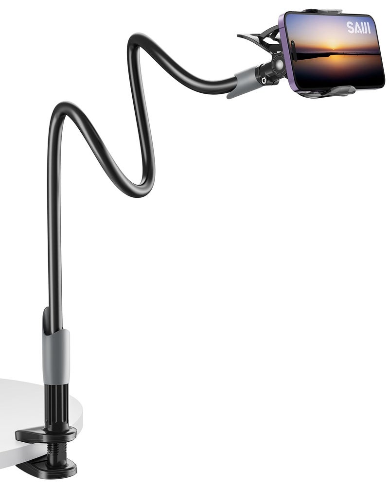 SAIJI Gooseneck Bed Phone Holder Flexible Long Arm Phone Mount for Desk Clip Bracket Clamp Stand iPhone Stand Mobile Cell Phone Stand Document Camera Nintendo Switch Black - Image 1