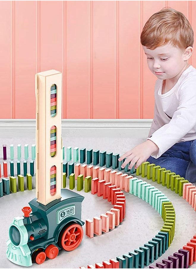 GROIC - 120 Pieces Dominos Train Toy Set, Automatic Domino Rally Train Model with Light and sound, Kids Domino Blocks Building Stacking Toy, Domino Set Stacker Game STEM Creative Gift-Green - Image 1