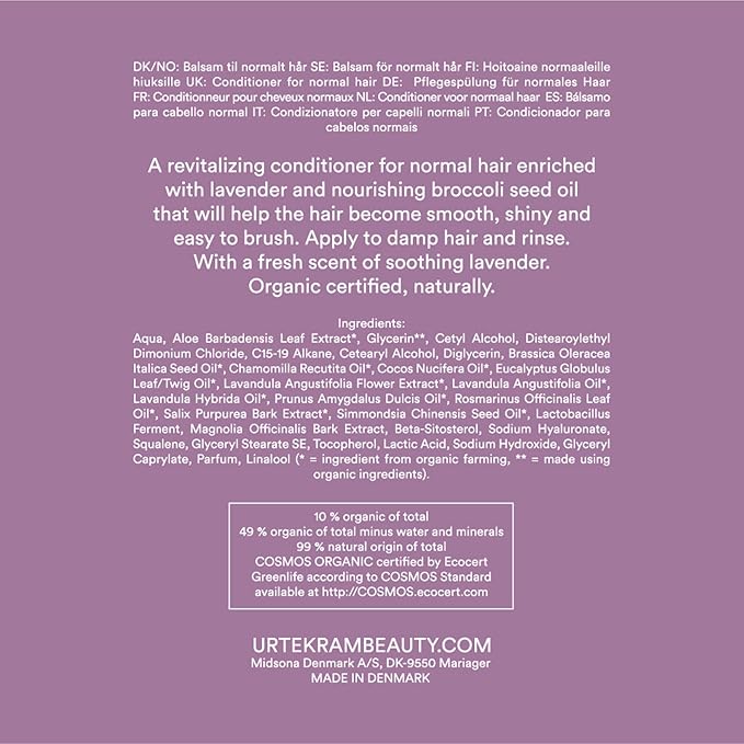 Urtekram Conditioner Soothing Lavender Normal Hair Vegan Organic Maximum Shine Natural Origin 180 ml