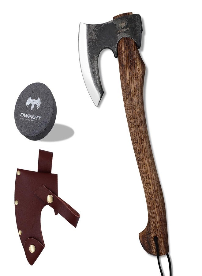 DWFKHT Hatchet Axe, 15.7" Camping Hatchet with Leather Sheath, Bushcraft Axe with 1065 Carbon Steel & Beech Handle, Survival Axe for Wood Splitting and Chopping - Perfect for Gardening and Outdoor - Image 1