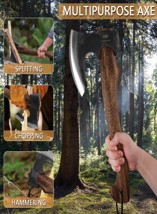 DWFKHT Hatchet Axe, 15.7" Camping Hatchet with Leather Sheath, Bushcraft Axe with 1065 Carbon Steel & Beech Handle, Survival Axe for Wood Splitting and Chopping - Perfect for Gardening and Outdoor - Image 5