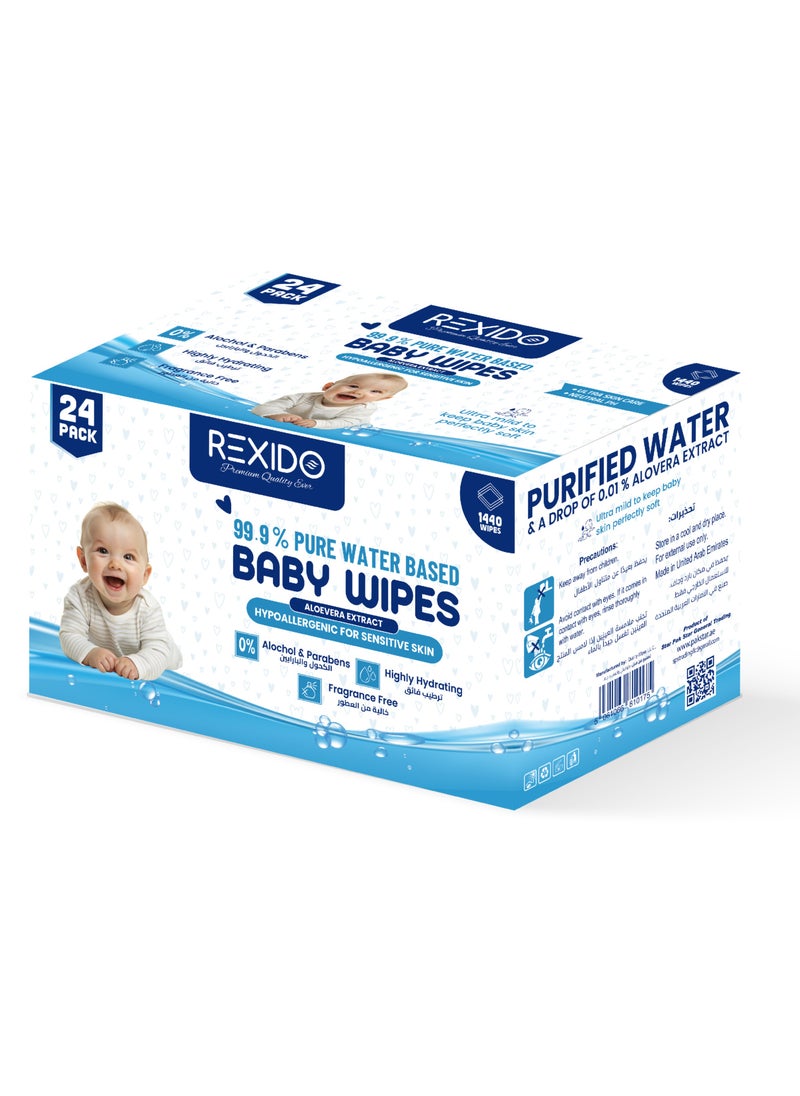 REXIDO - Original 99.9% Pure Water Baby Wipes, 1440 (24 Pack) Hypoallergenic & Unscented Water Wipes For New Born Sensitive Skin, Parabens Free Wet Wipes, Highly Hydrating, 1440 Count, x 24 Pack. - Image 1