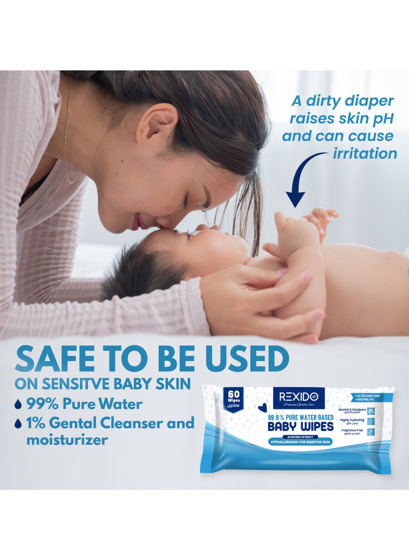 REXIDO - Original 99.9% Pure Water Baby Wipes, 1440 (24 Pack) Hypoallergenic & Unscented Water Wipes For New Born Sensitive Skin, Parabens Free Wet Wipes, Highly Hydrating, 1440 Count, x 24 Pack. - Image 1