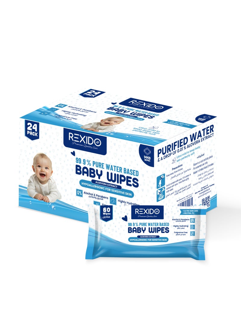 REXIDO - Original 99.9% Pure Water Baby Wipes, 1440 (24 Pack) Hypoallergenic & Unscented Water Wipes For New Born Sensitive Skin, Parabens Free Wet Wipes, Highly Hydrating, 1440 Count, x 24 Pack. - Image 1