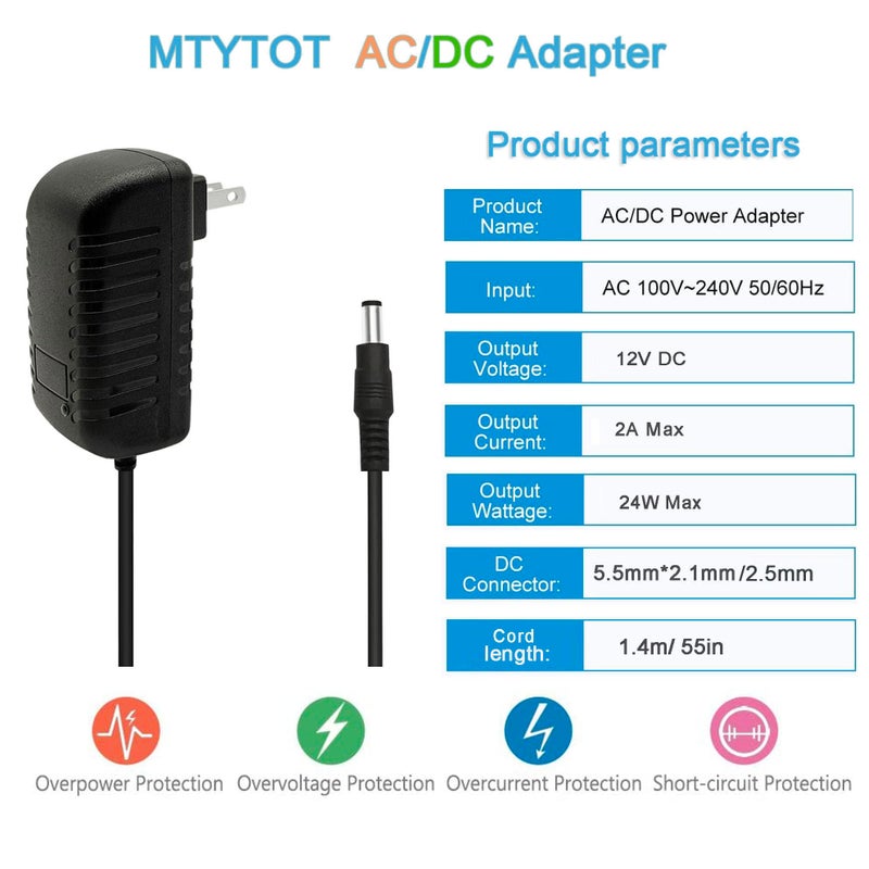 MTYTOT محول طاقة DC 12 فولت 2A 24W محول حائط AC DC 100-240V AC إلى DC 12V 2A 1.5A كابل محول مع 5.5 مم × 2.5 مم متوافق مع طرف 5.5 × 2.1 مم محول 12V AC/DC - Image 2