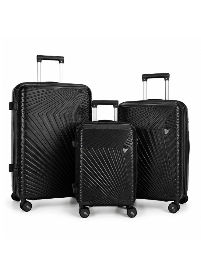 VELMORE 3 Piece Polypropylene Hard Side Luggage Set - Lightweight Spinner Suitcases with 360° Wheels | Durable Trolley Bags for Secure Travel (Small, Medium, Large) - Black - Image 1