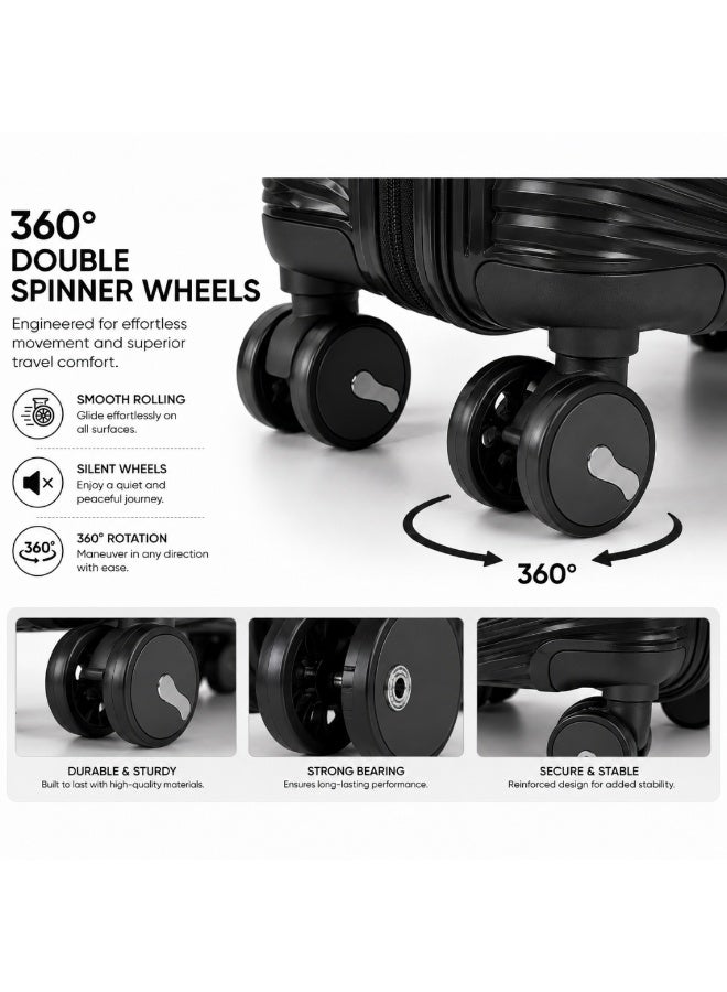 VELMORE 3 Piece Polypropylene Hard Side Luggage Set - Lightweight Spinner Suitcases with 360° Wheels | Durable Trolley Bags for Secure Travel (Small, Medium, Large) - Black - Image 3