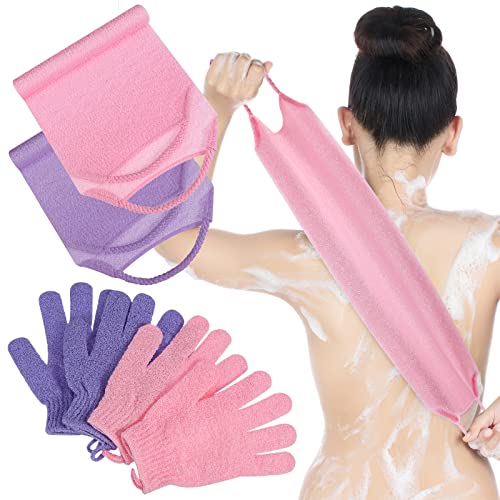 Breling 4 Pack Exfoliating Washcloth Back Scrubber Set 2 Exfoliating Body Scrubber Nylon Back Body Scrub Towel 2 Pairs Shower Gloves for Women Men Bath Shower ExfoliationPink Purple - Image 1