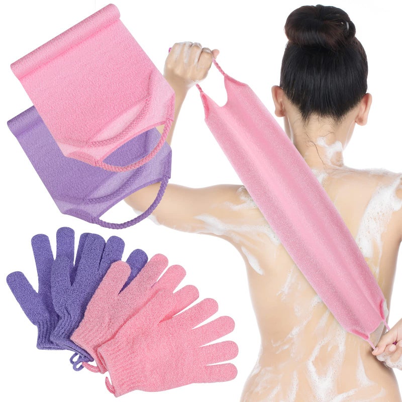 Breling 4 Pack Exfoliating Washcloth Back Scrubber Set 2 Exfoliating Body Scrubber Nylon Back Body Scrub Towel 2 Pairs Shower Gloves for Women Men Bath Shower ExfoliationPink Purple - Image 2