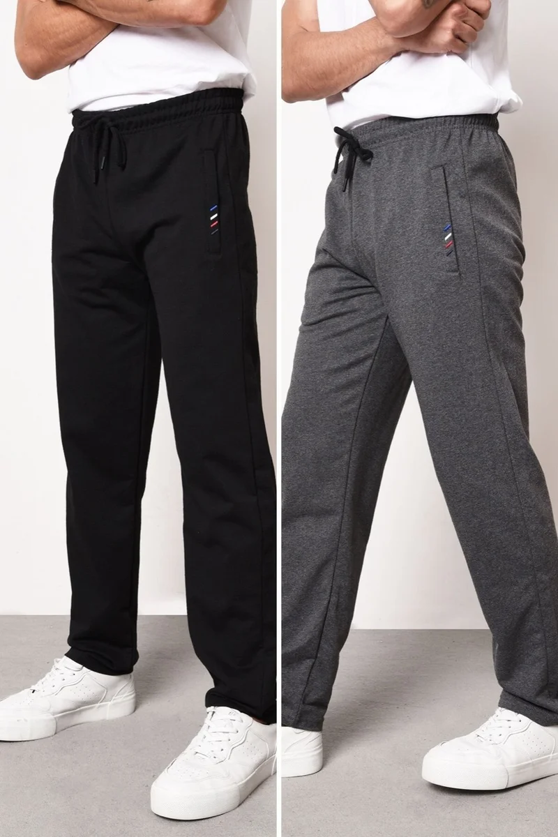 mmetalic Metalic Black-Anthracite Men's Zipper Pocket Embroidery Detailed Straight Leg Relaxed Cut 2-Pack Sweatpants