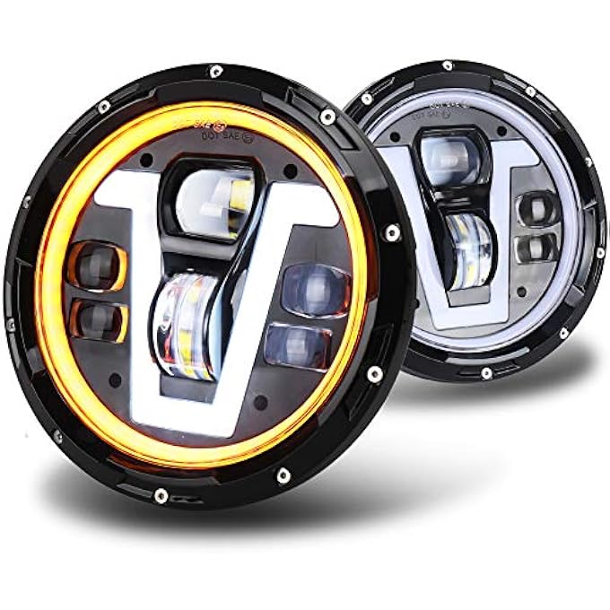 ريحني مصابيح أمامية جيب ليد 7 بوصة مع حلقة هالة كهرمانية أضواء إشارة انعطاف نوع V أبيض شعاع عالي منخفض لسيارة جيب رانجلر Jk Tj Lj Cj سوداء - Image 1