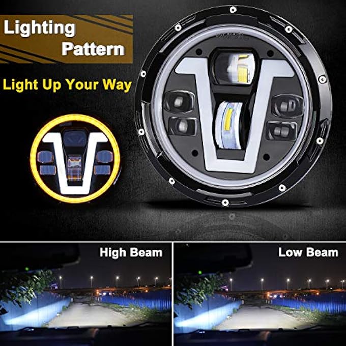 ريحني مصابيح أمامية جيب ليد 7 بوصة مع حلقة هالة كهرمانية أضواء إشارة انعطاف نوع V أبيض شعاع عالي منخفض لسيارة جيب رانجلر Jk Tj Lj Cj سوداء - Image 4