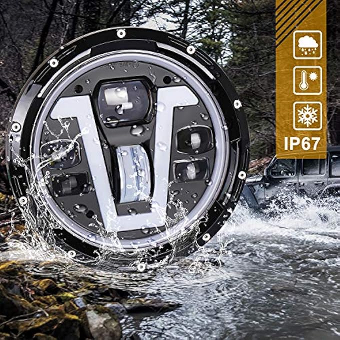 ريحني مصابيح أمامية جيب ليد 7 بوصة مع حلقة هالة كهرمانية أضواء إشارة انعطاف نوع V أبيض شعاع عالي منخفض لسيارة جيب رانجلر Jk Tj Lj Cj سوداء - Image 5