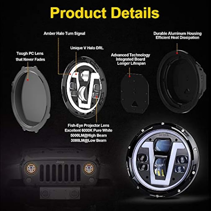 ريحني مصابيح أمامية جيب ليد 7 بوصة مع حلقة هالة كهرمانية أضواء إشارة انعطاف نوع V أبيض شعاع عالي منخفض لسيارة جيب رانجلر Jk Tj Lj Cj سوداء - Image 3