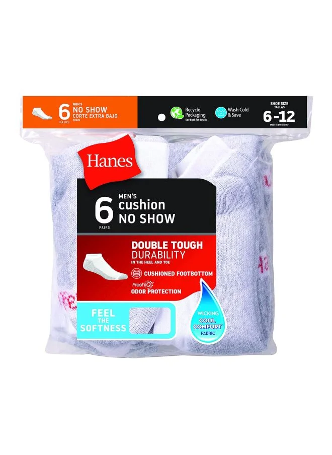 هينز Hanes Mens No Show White with Grey Heel and Toe Sock