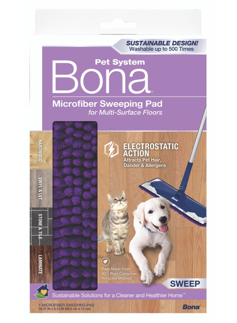 Bona Microfiber Pet Sweeping Pad, 4 x 15 in, Reusable Machine-Washable Dry Dusting Pad for Pet Hair on Hardwood and Hard-Surface Floors, Electrostatic Action Picks Up Dust, Dirt and Pet Hair