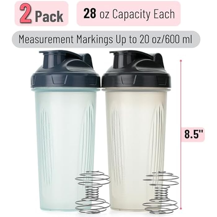 Mr. Pen- Shaker Bottles for Protein Mixes, 28 oz, 2 Pack, Clear, Protein Shaker Bottle with Wire Whisk Ball, Blender Bottle - Image 2
