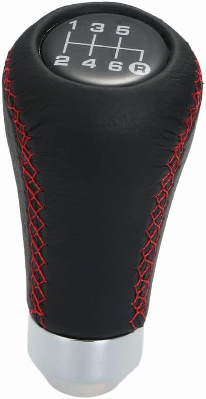 Car Manual Gear Shift Knob Black Leather Red Stitching 6 Speed Universal 2 Size - Image 1