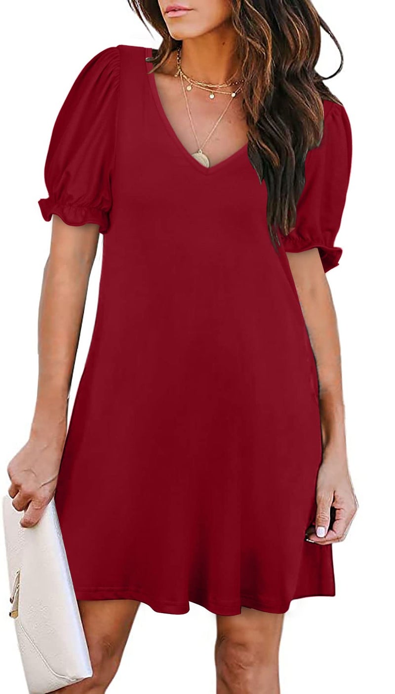Aloodor Summer Dresses for Women Modest V-Neck Tshirt Dress Burgundy L - Image 5