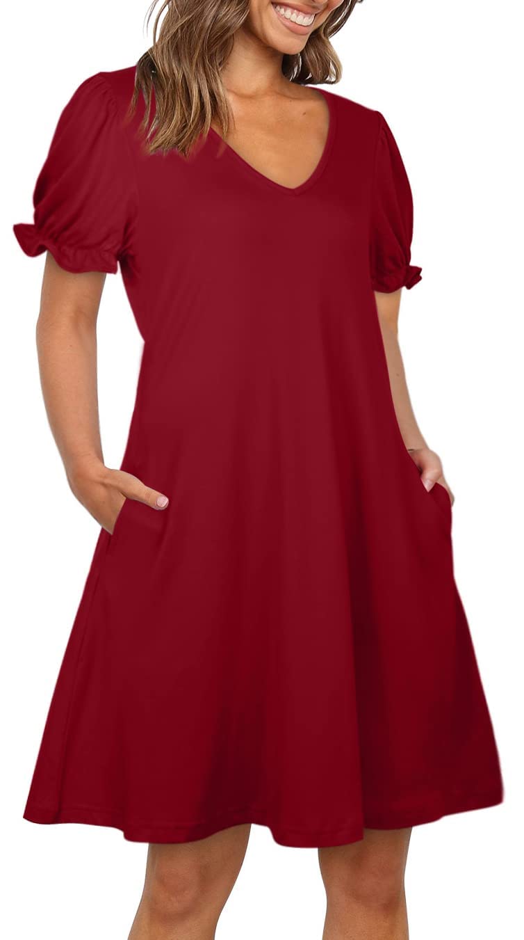 Aloodor Summer Dresses for Women Modest V-Neck Tshirt Dress Burgundy L - Image 3