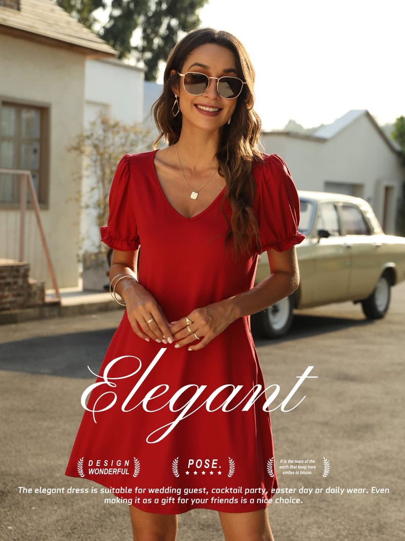 Aloodor Summer Dresses for Women Modest V-Neck Tshirt Dress Burgundy L - Image 2