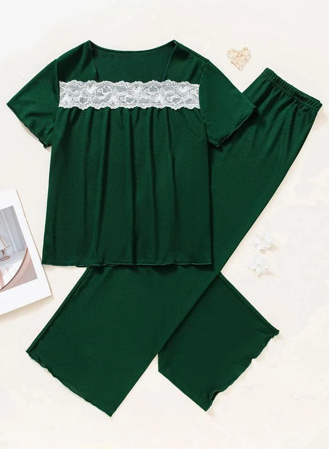 Take Two Green Lace Insert Short Sleeve Top and Pyjama Set