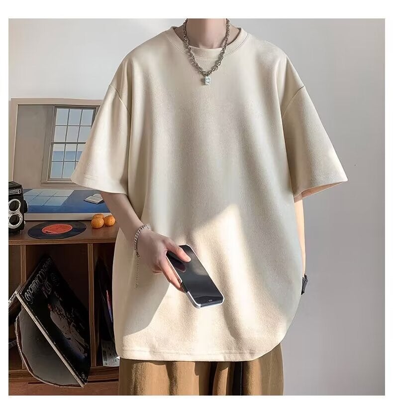 Heavy Suede Short-Sleeved T-Shirt Men'S Summer American Style Retro Fashion Brand Oversize Loose Half-Sleeved T-Shirt Top - Image 1